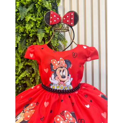 Vestido Infantil Vermelho de Festa para Menina com Corações e Margaridas
