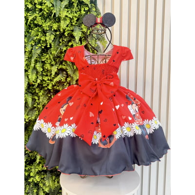 Vestido Infantil Vermelho de Festa para Menina com Corações e Margaridas