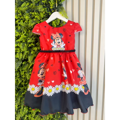 Vestido Infantil Vermelho de Festa para Menina com Corações e Margaridas