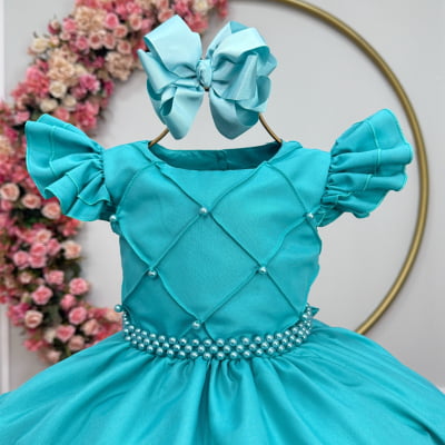 Vestido Verde Infantil Busto Nervura Pérolas Festas