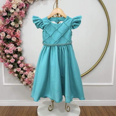 Vestido Verde Infantil Busto Nervura Pérolas Festas