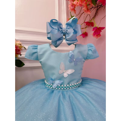 Vestido Infantil Azul Bebê Aplique de Borboletas C/ Glitter