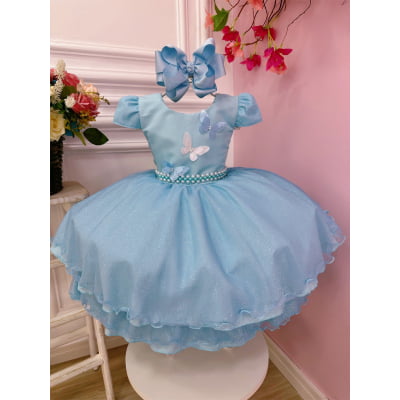 Vestido Infantil Azul Bebê Aplique de Borboletas C/ Glitter