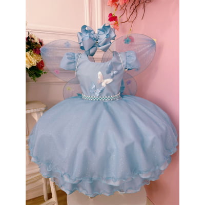 Vestido Infantil Azul Bebê Aplique de Borboletas C/ Glitter