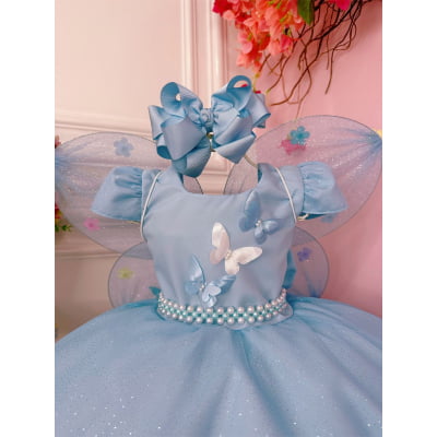 Vestido Infantil Azul Bebê Aplique de Borboletas C/ Glitter