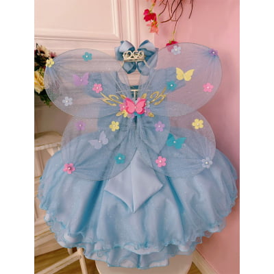 Vestido Infantil Azul Bebê Aplique de Borboletas C/ Glitter