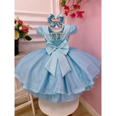 Vestido Infantil Azul Bebê Aplique de Borboletas C/ Glitter