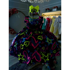 Vestido Infantil Barbie Azul Marinho Neon C/ Broche de Laço