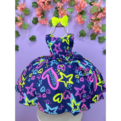 Vestido Infantil Barbie Azul Marinho Neon C/ Broche de Laço
