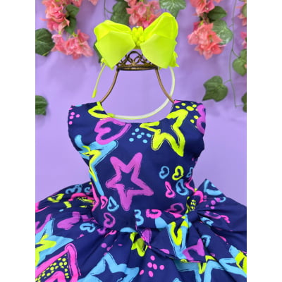 Vestido Infantil Barbie Azul Marinho Neon C/ Broche de Laço