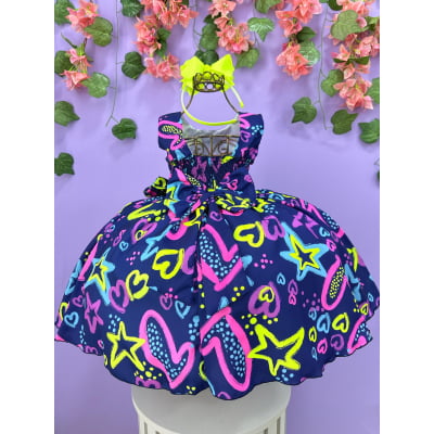 Vestido Infantil Barbie Azul Marinho Neon C/ Broche de Laço