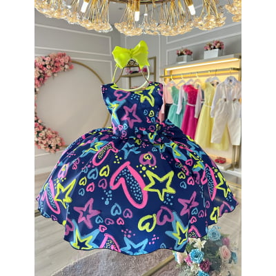 Vestido Infantil Barbie Azul Marinho Neon C/ Broche de Laço