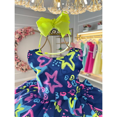Vestido Infantil Barbie Azul Marinho Neon C/ Broche de Laço