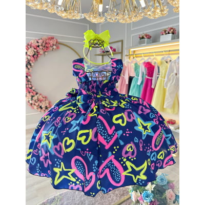 Vestido Infantil Barbie Azul Marinho Neon C/ Broche de Laço