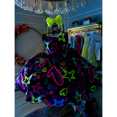 Vestido Infantil Barbie Azul Marinho Neon C/ Broche de Laço