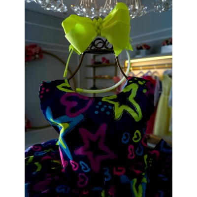 Vestido Infantil Barbie Azul Marinho Neon C/ Broche de Laço