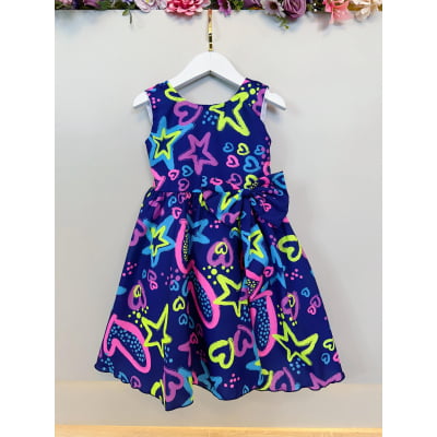 Vestido Infantil Barbie Azul Marinho Neon C/ Broche de Laço