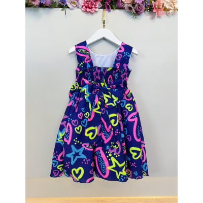 Vestido Infantil Barbie Azul Marinho Neon C/ Broche de Laço