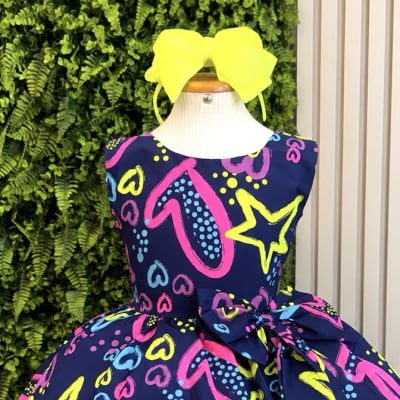 Vestido Infantil Barbie Azul Marinho Neon C/ Broche de Laço