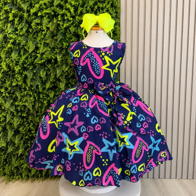 Vestido Infantil Barbie Azul Marinho Neon C/ Broche de Laço