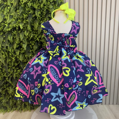 Vestido Infantil Barbie Azul Marinho Neon C/ Broche de Laço
