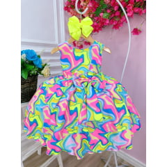 Vestido Infantil Barbie Colorido Neon C/ Broche de Laço