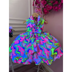 Vestido Infantil Barbie Colorido Neon C/ Broche de Laço