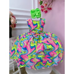 Vestido Infantil Barbie Colorido Neon C/ Broche de Laço