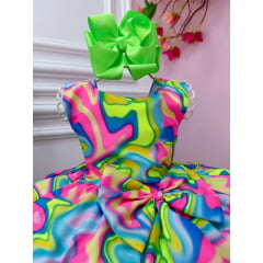 Vestido Infantil Barbie Colorido Neon C/ Broche de Laço