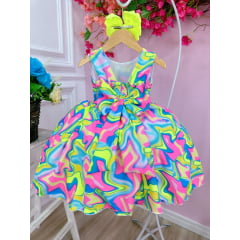 Vestido Infantil Barbie Colorido Neon C/ Broche de Laço