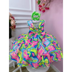 Vestido Infantil Barbie Colorido Neon C/ Broche de Laço