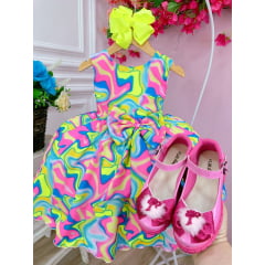 Vestido Infantil Barbie Colorido Neon C/ Broche de Laço