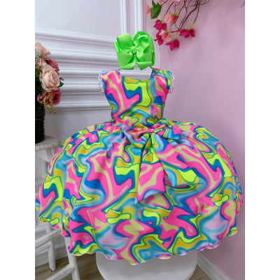 Vestido Infantil Barbie Colorido Neon C/ Broche de Laço