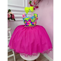 Vestido Infantil Barbie Colorido Neon Saia Pink C/ Glitter