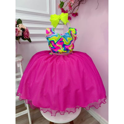 Vestido Infantil Barbie Colorido Neon Saia Pink C/ Glitter