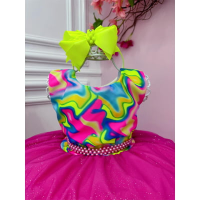 Vestido Infantil Barbie Colorido Neon Saia Pink C/ Glitter