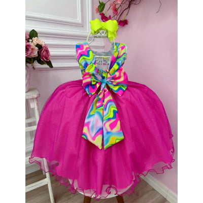 Vestido Infantil Barbie Colorido Neon Saia Pink C/ Glitter