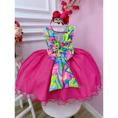 Vestido Infantil Barbie Colorido Neon Saia Pink e Glitter