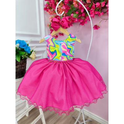 Vestido Infantil Barbie Colorido Neon Saia Pink e Glitter
