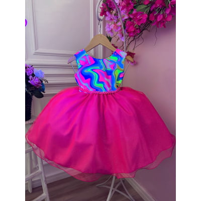 Vestido Infantil Barbie Colorido Neon Saia Pink e Glitter