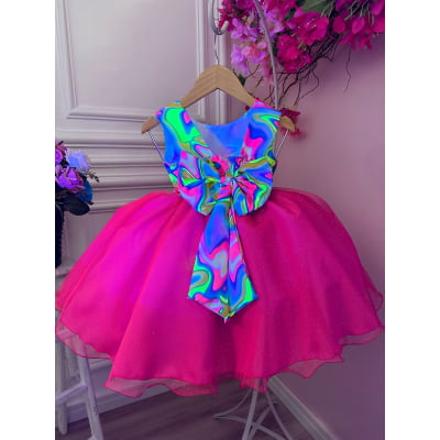 Vestido Infantil Barbie Colorido Neon Saia Pink e Glitter