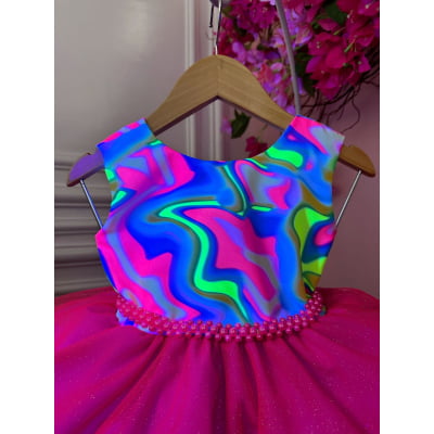 Vestido Infantil Barbie Colorido Neon Saia Pink e Glitter