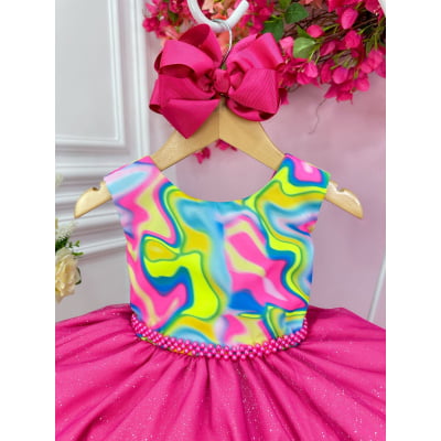 Vestido Infantil Barbie Colorido Neon Saia Pink e Glitter