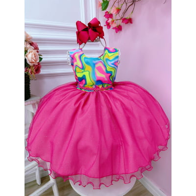 Vestido Infantil Barbie Colorido Neon Saia Pink e Glitter