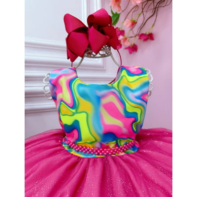 Vestido Infantil Barbie Colorido Neon Saia Pink e Glitter