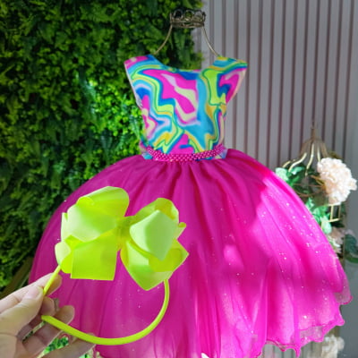 Vestido Infantil Barbie Colorido Neon Saia Pink e Glitter