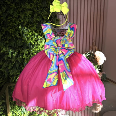 Vestido Infantil Barbie Neon Colorido + Tiara ou Laço