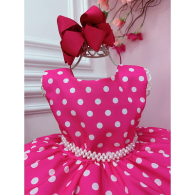 Vestido Infantil Barbie Rosa Chiclete C/ Bolinhas Brancas