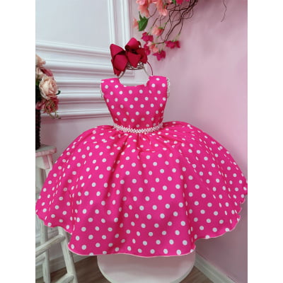 Vestido Infantil Barbie Rosa Chiclete C/ Bolinhas Brancas