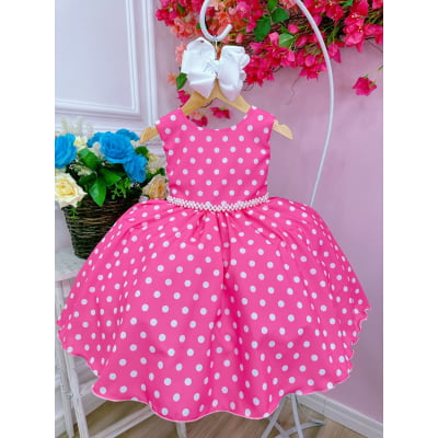 Vestido Infantil Barbie Rosa Chiclete C/ Bolinhas Brancas
